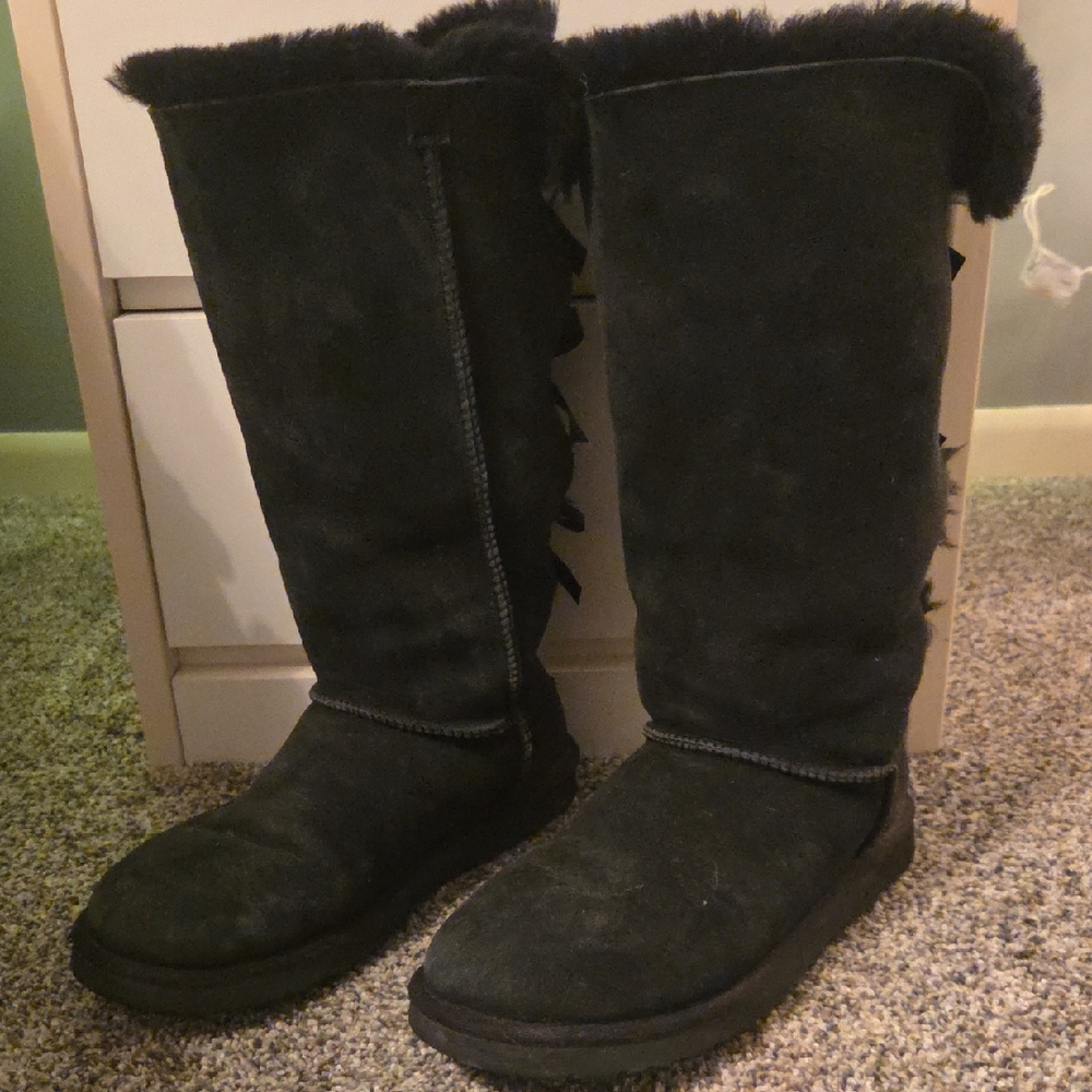 UGG Black Tall Winter Boots with Fur Trim